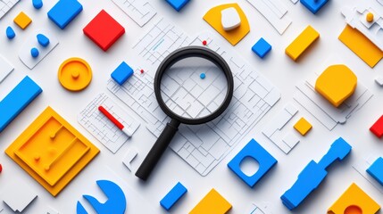 Site analysis icons on white background Concept a magnifying glass over a map grid, indicating detailed analysis, clear, analytical