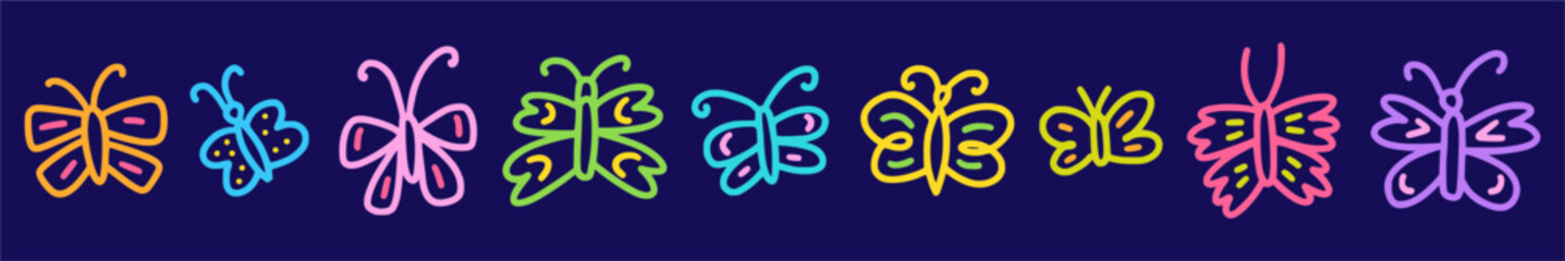 Horizontal vector collection of butterflies hand drawn in doodle style