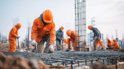 Workers in orange uniforms and hard hats are focusing on a construction project. They are pouring concrete and setting up metal reinforcements in a bustling urban environment