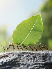 A team of ants carrying large leaves together, demonstrating incredible teamwork and strength.