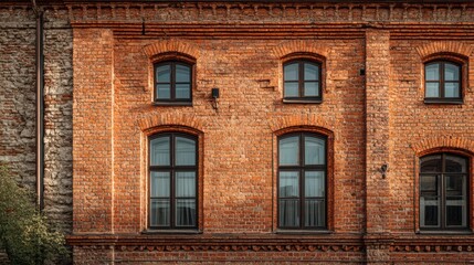 Obraz premium Reflections of warm sunset light illuminate the rustic brick façade of an architectural gem. The dark-framed windows add character, revealing a glimpse of the past in a charming urban setting