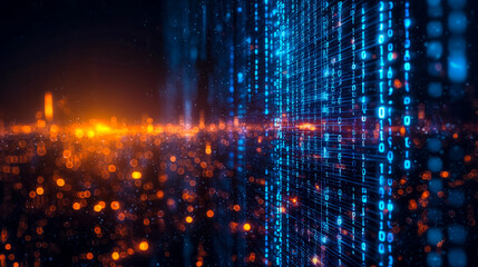 Digital data streams and binary code in futuristic technology environment
