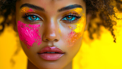 Portrait of a woman with colorful paint on her face and vibrant yellow background