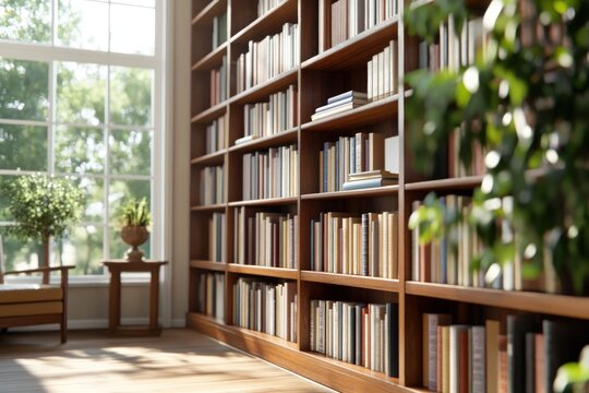 Wooden bookcase filled with books in sunlit room