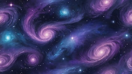 Illustration of swirling purple and blue galaxies shine brightly in the night sky
