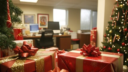 Christmas gifts in an office with a decorated tree in the background