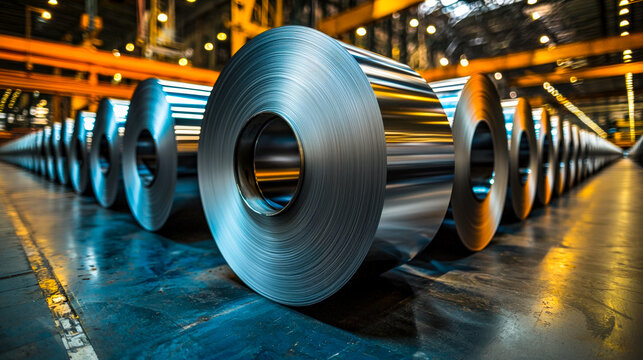 Rolls of steel in an industrial manufacturing plant