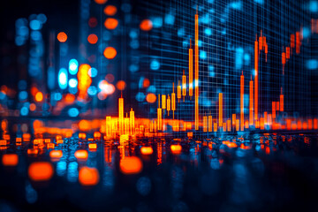 Digital stock market data visualization with glowing candlestick charts and abstract background