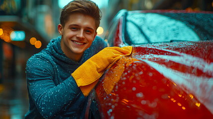 Young man cleaning a red car with a yellow microfiber cloth in the rain at night