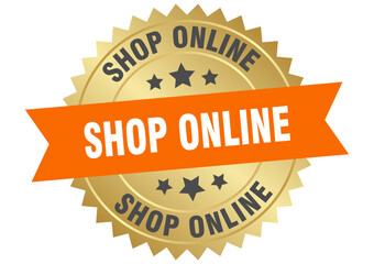 shop online. shop online round orange and gold label isolated on transparent background