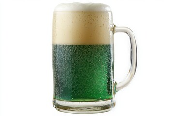 A clear glass mug filled with green beer topped with frothy foam, showcasing condensation on the glass surface.