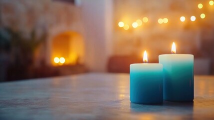Lovely teal candles glowing softly on a table in a cozy outdoor setting
