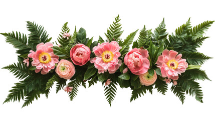 Abstract botanical frame with pink peonies and green fern leaves styled in an airy layout on linen fabric isolated on a transparent background
