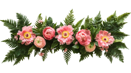 Abstract botanical frame with pink peonies and green fern leaves styled in an airy layout on linen fabric isolated on a transparent background
