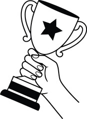 Champion Trophy Line Art, Hand Holding Award Vector Illustration.

