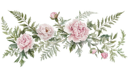 Abstract botanical frame with pink peonies and green fern leaves styled in an airy layout on linen fabric isolated on a transparent background
