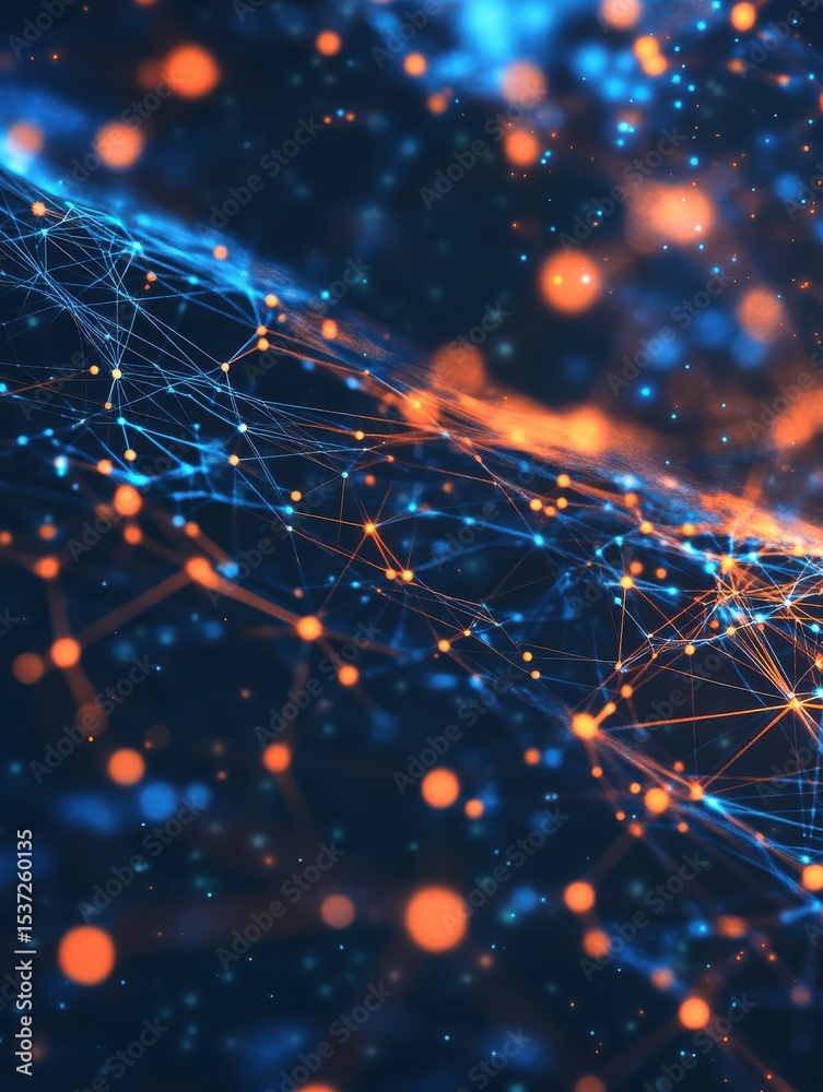 Poster abstract tech network data connections with orange, blue glowing dots, lines. artificial intelligenc