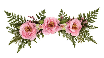 Abstract botanical frame with pink peonies and green fern leaves styled in an airy layout on linen fabric isolated on a transparent background