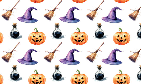 Seamless Halloween pattern. Watercolor seamless pattern with spooky elements. Witch's broom, hat, potion jar and pumpkin with evil carved face. Halloween background.