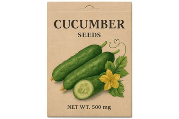 Realistic illustration of a vintage cucumber seed packet with detailed cucumbers, leaves, and flower, isolated on a transparent background
