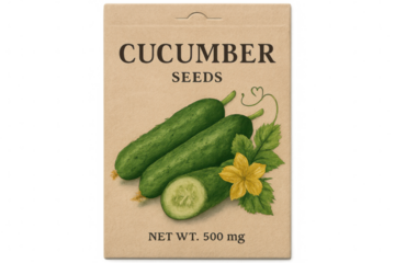 Realistic illustration of a vintage cucumber seed packet with detailed cucumbers, leaves, and flower, isolated on a transparent background