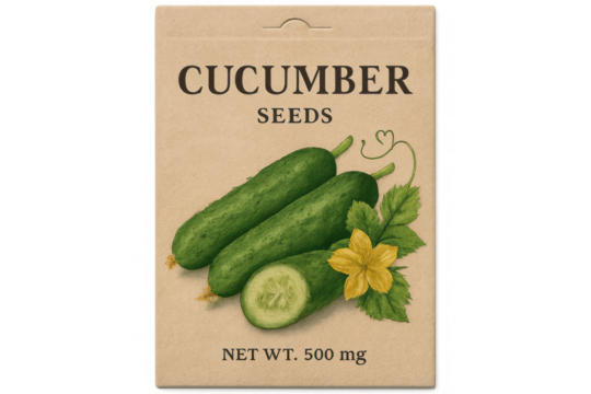 Realistic illustration of a vintage cucumber seed packet with detailed cucumbers, leaves, and flower, isolated on a transparent background