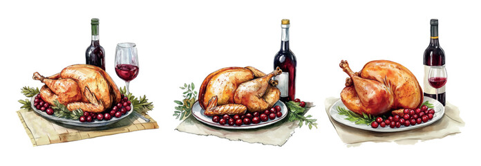 Watercolor set of roasted turkey with wine png. Tablecloth on which a plate with roasted turkey is placed, decorated with cranberries and herbs with a bottle of wine and a glass. 