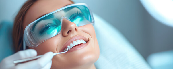 Naklejka premium A woman wearing protective eyewear is having a dental procedure with a tool being used in their mouth. Dental care, protective eyewear, patient comfort