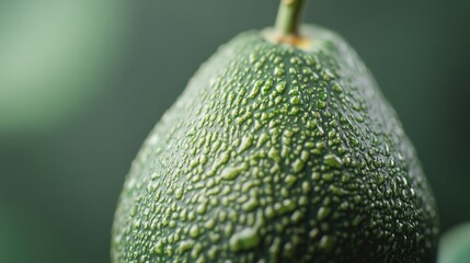Close-up of a wet avocado on a branch in a lush green garden