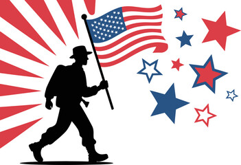 Silhouette of soldier holding american flag with red stripes and blue and red stars around it