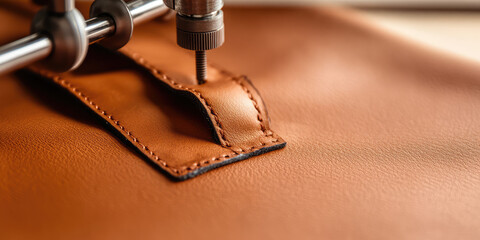 A sewing machine needle stitches brown leather fabric with detailed precision. Leather crafting process