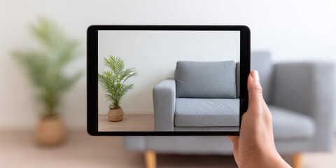 A hand holds a tablet displaying a living room with a gray sofa and a potted plant in view. Interior design and technology concept