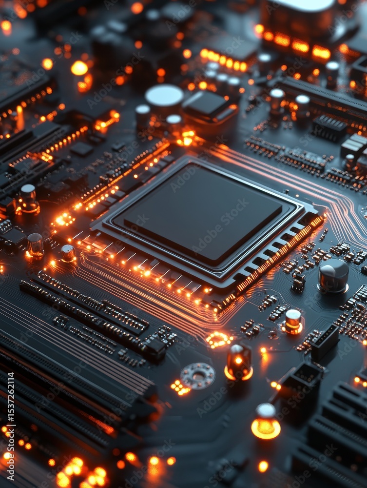 Poster a computer motherboard with a state-of-the-art ai processor. ai generative.