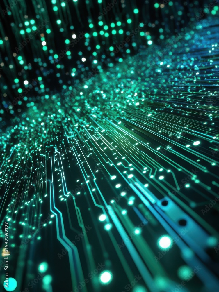 Poster quantum processor, data streams and pulses of blue-green light show deep intelligence and computing 