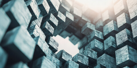 Abstract 3D background of stacked cubes forming a digital tower, with a circular void .