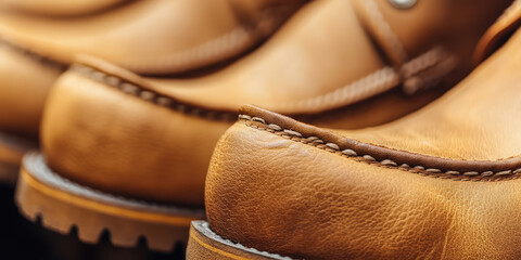 Close-up of tan leather shoes with visible stitching and textured surface. Footwear, detail, style