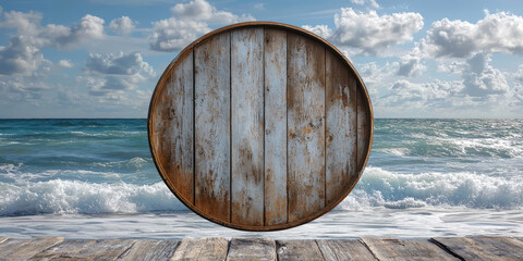 A weathered wooden wall with a round signboard by the seaside, waves in the background.