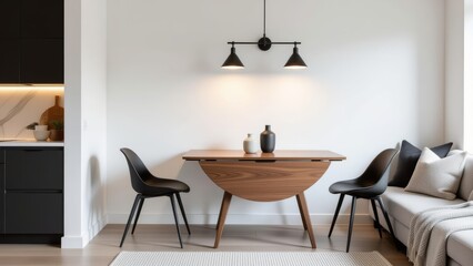 Modern kitchen featuring foldable furniture decor ideas, wooden table with black chairs, bright airy ambiance. Concept of foldable furniture decor ideas, minimalist interior design.