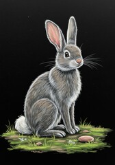 Fototapeta premium Gray Rabbit Sitting on Green Grass Against Black Background