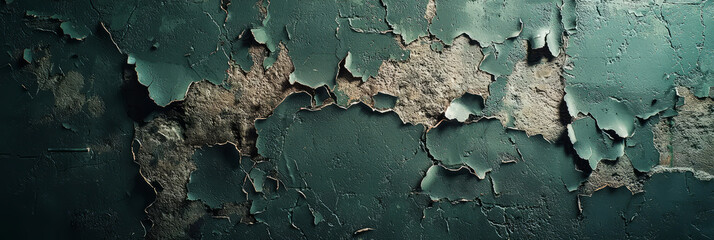 Aged dark green concrete wall with peeling paint, vintage feel, high detail.