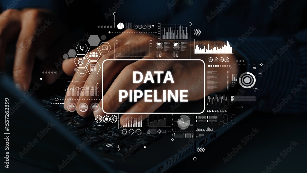 Poster hands typing on laptop with data pipeline visualization and digital graphic elements in background. 