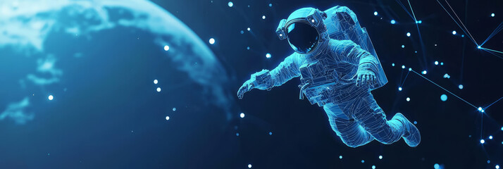 Astronaut floating in space, with Earth in the background, surrounded by glowing data streams