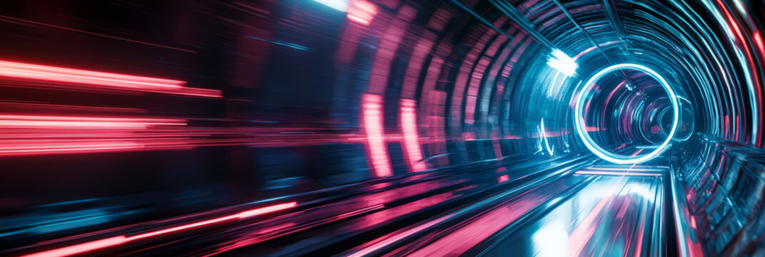 Neon-light abstract background of a futuristic subway tunnel .