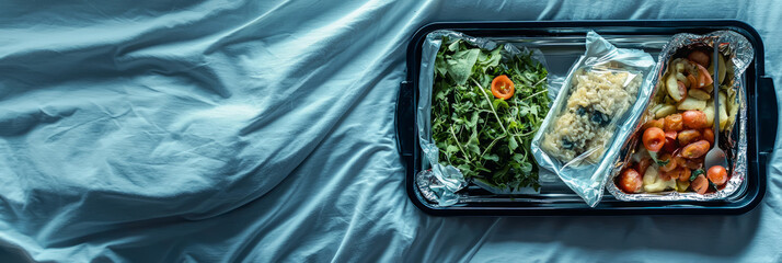 A meal tray with fresh food, neatly wrapped in sterile packaging, on a hospital