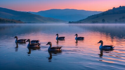 Naklejka premium Ducks Swimming in Lake at Dawn with Fog and Mountain View