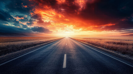 A straight road stretching toward a glowing horizon, representing journeys and goals.