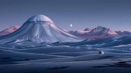 Vast, snowy peaks rise above a serene, sandy plain under a pale moon