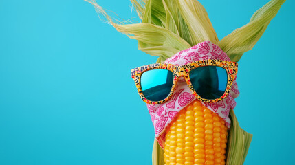 A charismatic ear of corn with a summer bandana and cool shades a vivid backdrop.