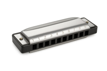 Vintage diatonic harmonica resting on clear surface, showcasing ten numbered holes for performing blues, folk, rock, and country genres