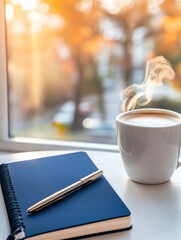 Warm light notebook pen coffee cup window cozy autumn setting